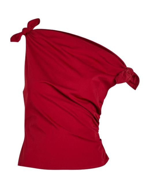 Staud Red Ruched Stretch-Cotton Top