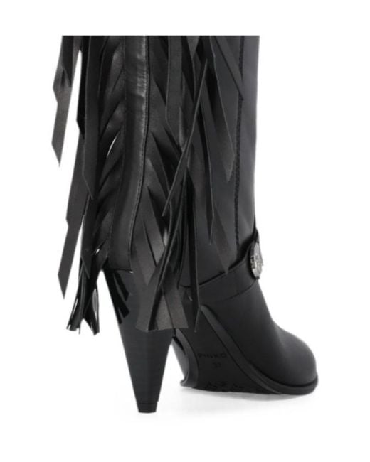 Pinko Black Fringe-Detail Leather Boots