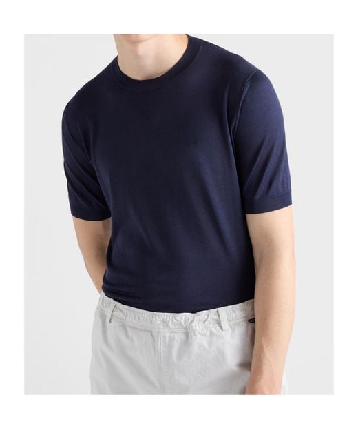 Prada Blue Short-Sleeved Silk Sweater for men