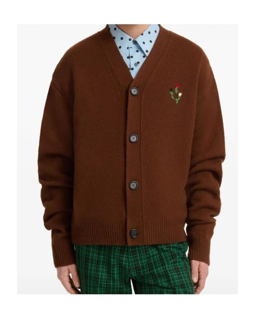 Marni Brown Embroidered Wool Cardigan for men