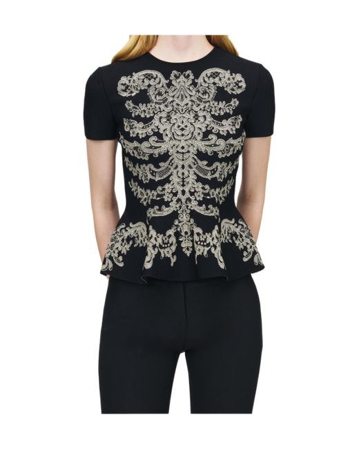 McQueen Black Lace Ribcage Jacquard Peplum Top