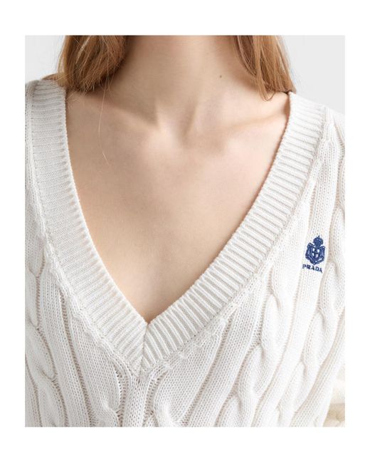 Prada White Cable-Knit V-Neck Knitted Jumper
