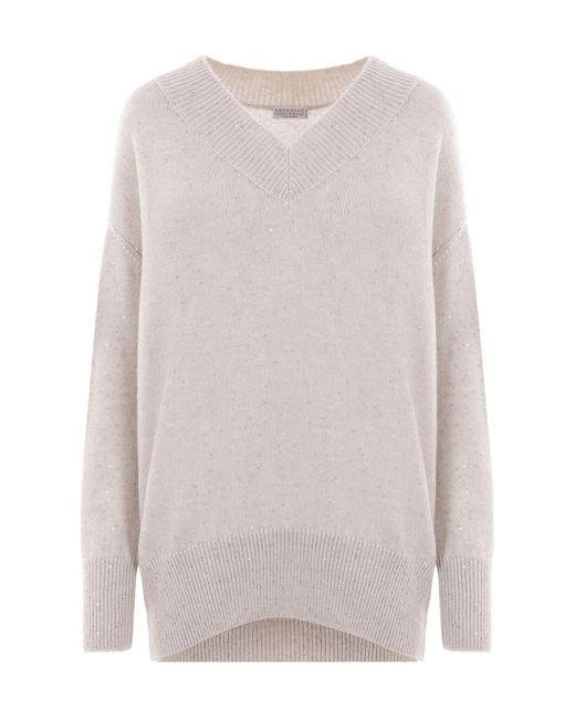 Brunello Cucinelli White V-Neck Long-Sleeved Sweater