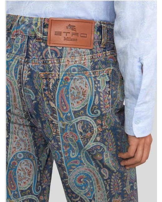 Etro Blue Flared Denim Jeans With Floral Paisley Motif