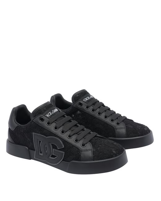 Dolce & Gabbana Black Logo Patch Lace Sneakers