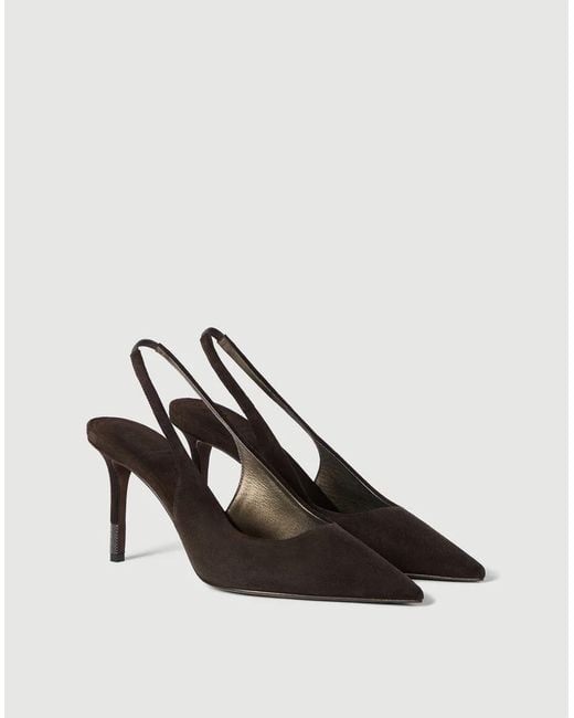 Brunello Cucinelli Brown Suede Slingback Heels With Monili