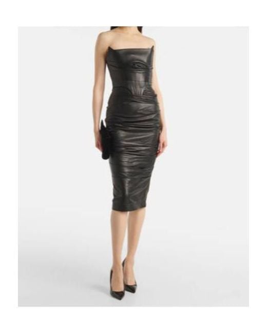 Alex Perry Black Ruched Leather Midi Dress