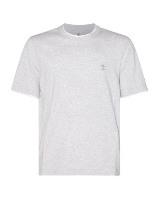 Brunello Cucinelli White Logo-Embroidered Crewneck T-Shirt for men
