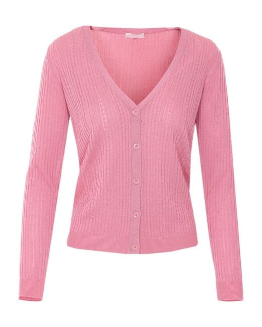 Liu Jo Pink Ribbed Lurex V-Neck Cardigan