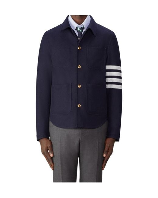 Thom Browne Blue Stripe Detailed Buttoned Jacket for men