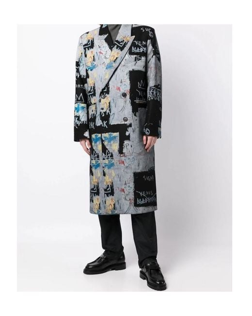 M I S B H V Gray Graphic-Print Double-Breasted Coat for men