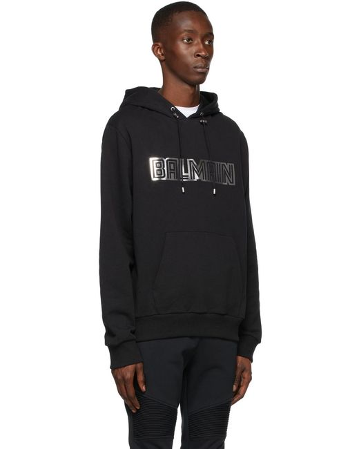 Balmain Black Cotton Sweatshirt With Embossed Paris Logo Print for men