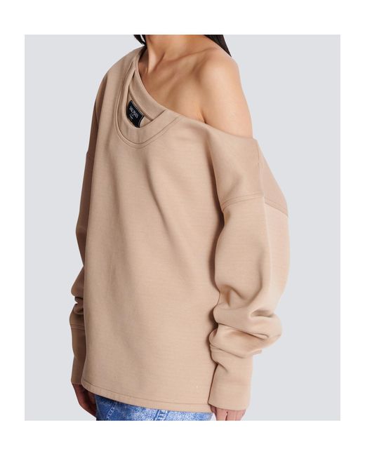 Balmain Natural Asymmetrical Jersey Off-The-Shoulder Sweatshirt