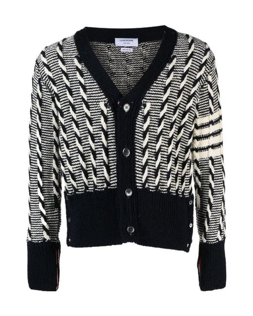 Thom Browne Black Twist V-Neck Cable-Knit Cardigan for men