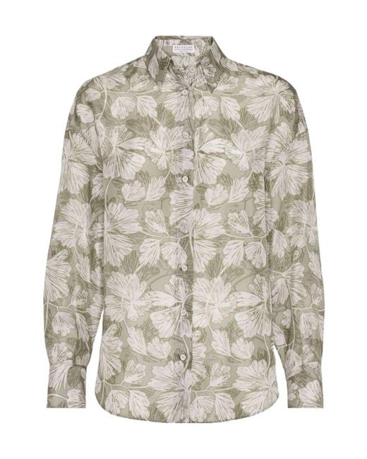 Brunello Cucinelli Gray Floral Printed Buttoned Shirt