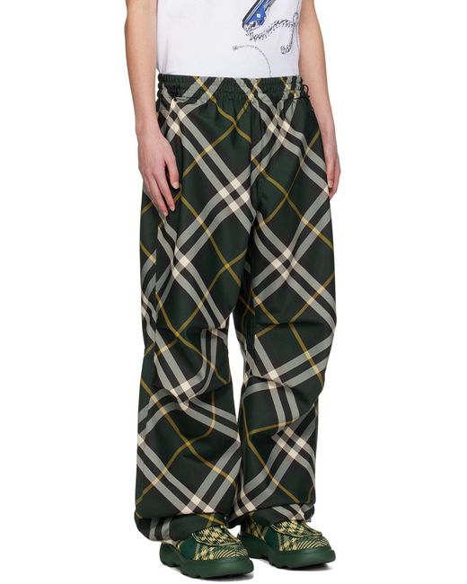Burberry Green Wide-Leg Equestrian Knight Motif Checked Trousers for men