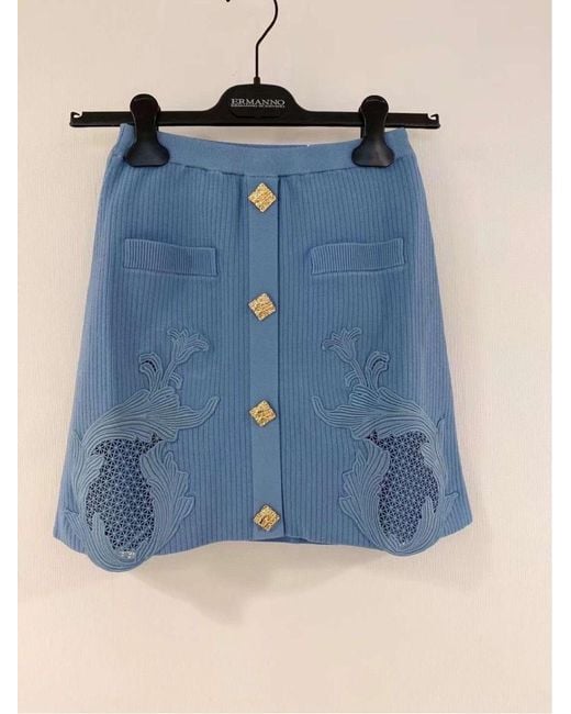 Self-Portrait Blue Lace Inlaid Rib Knitted Skirt