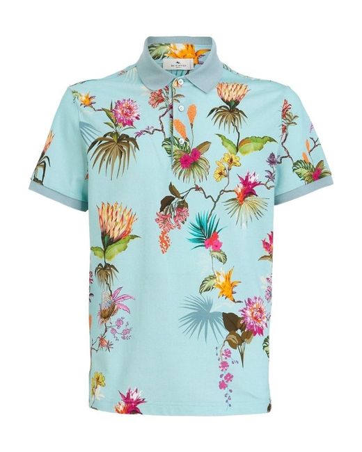 Etro Blue Floral Jersey Polo Shirt for men