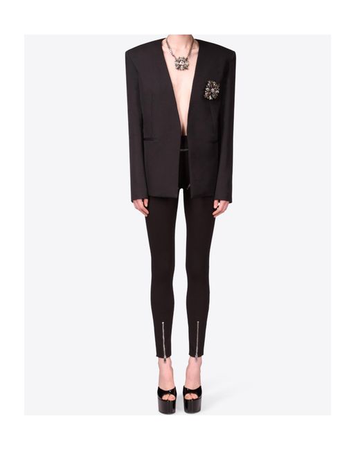 Area Black Crystal-Brooch Collarless Blazer
