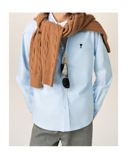 AMI Blue Logo Detailed Long Sleeved Shirt for men