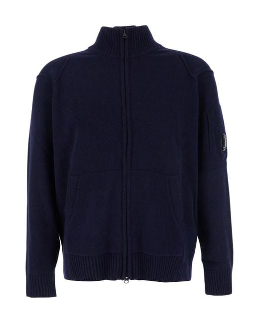 C P Company Blue High Neck Logo Plaque Jacket for men