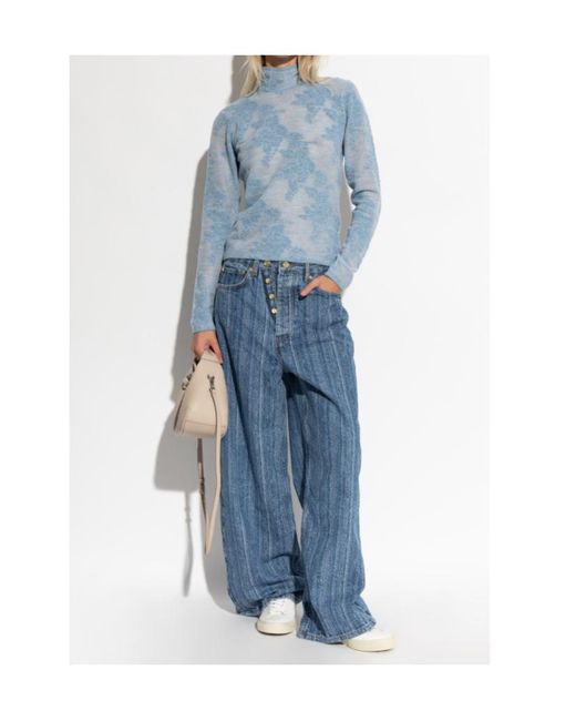 Ganni Blue Sheer Turtleneck Knitted Top