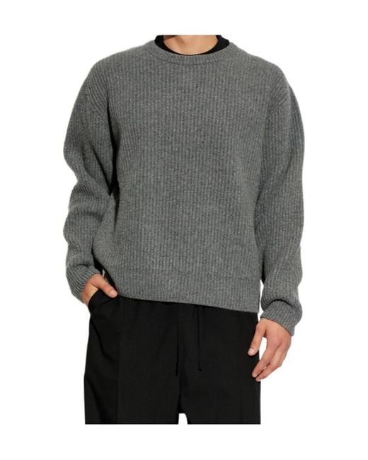 Jil Sander Gray Ribbed Crew Neck Knitted Sweater for men