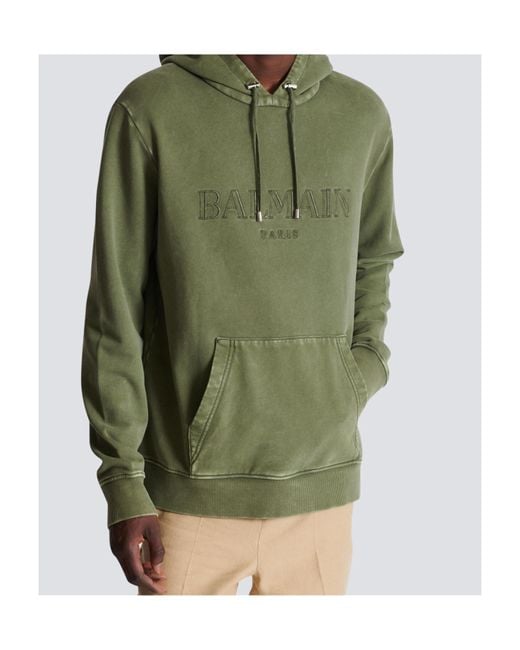 Balmain Green Logo Embroidered Vintage Drawstring Hoodie for men
