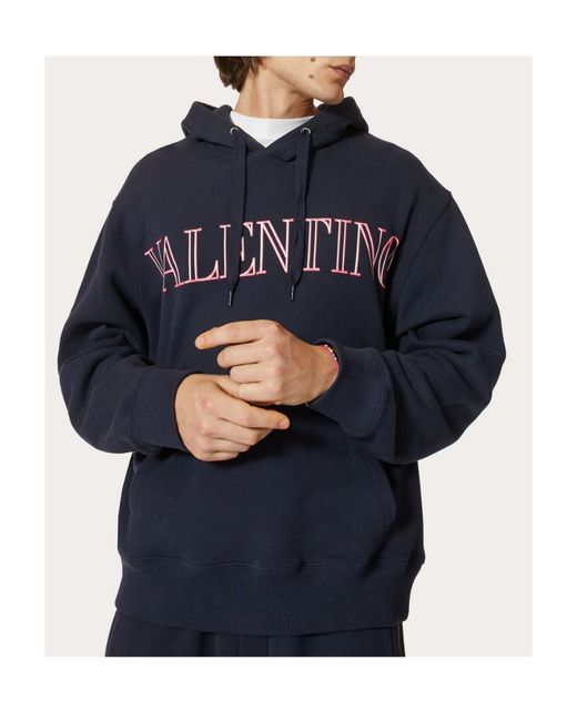 Valentino Blue Logo Printed Drawstring Hoodie for men