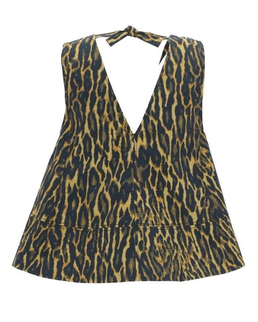 Ganni Green Leopard Animal Print V Neck Top