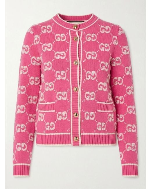Gucci Pink Elegant Wool Cardigan With Gg Bouclé Jacquard