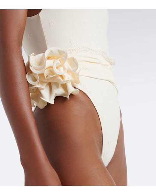 Magda Butrym White Embroidered Floral-Appliqué Draped Swimsuit