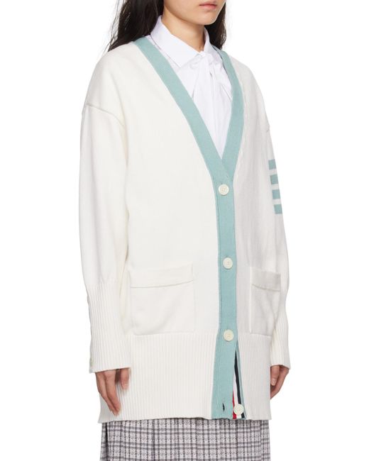 Thom Browne White 4-Bar Oversized V-Neck Cardigan