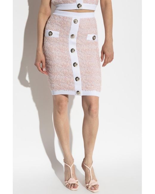 Balmain Pink Button Embellished Tweed Mini Skirt