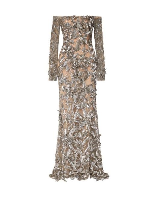 Oscar de la Renta Natural Off-The-Shoulder Sequined Tulle Gown