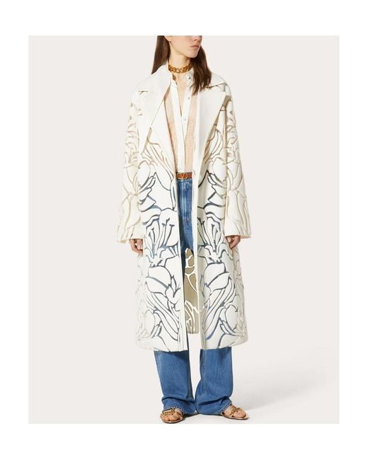 Valentino White Floral Patterned Straight Hem Coat