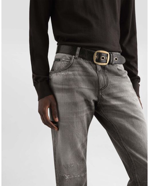 Dolce & Gabbana Gray Logo Plaque Distressed Jeans for men