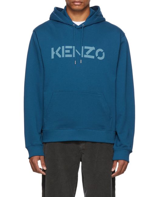 KENZO Blue Logo-Print Cotton Hoodie for men