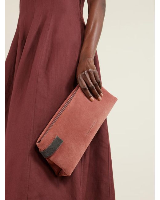 Brunello Cucinelli Red Essence Bead-Embellished Leather-Trimmed Suede Clutch