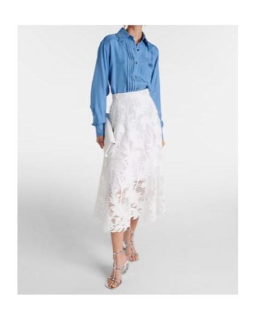 Oscar de la Renta White Floral Guipure Lace Midi Skirt