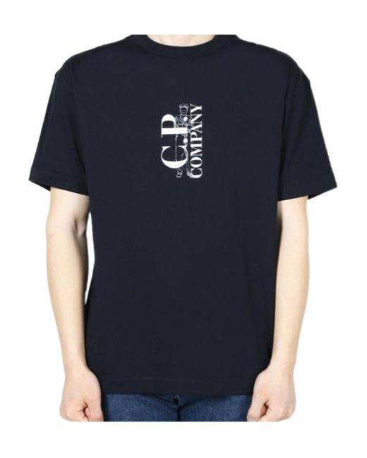 C P Company Blue Vertical Logo T-Shirt for men