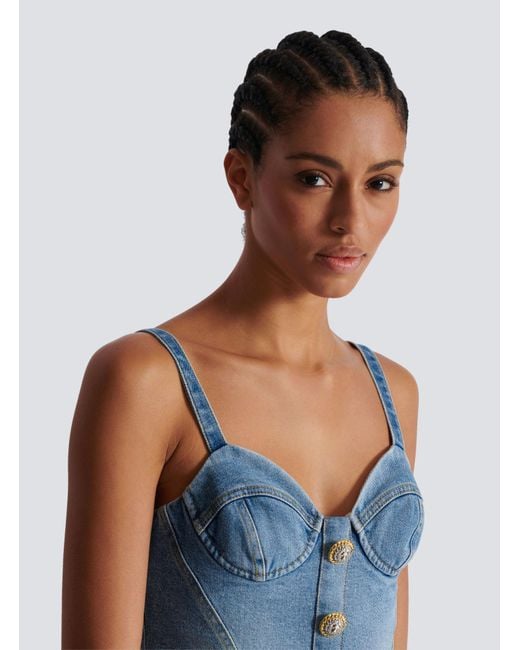 Balmain Blue Denim Bustier Top