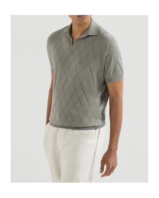 Brunello Cucinelli Gray Cotton Textured Argyle Lightweight Knit Polo Shirt for men