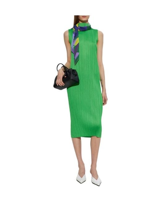 Pleats Please Issey Miyake Green April Pleated Midi Dress