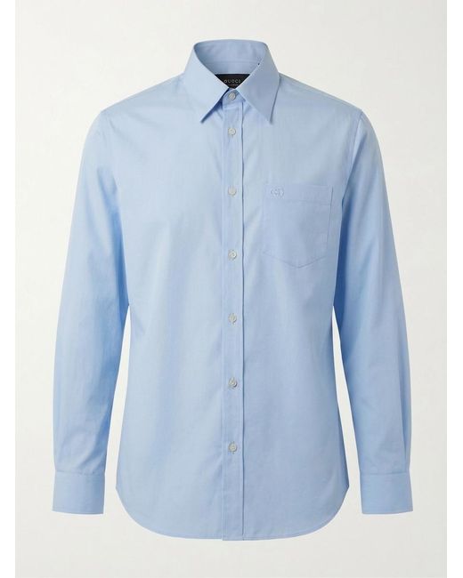 Gucci Blue Cotton Poplin Shirt With Embroidery for men