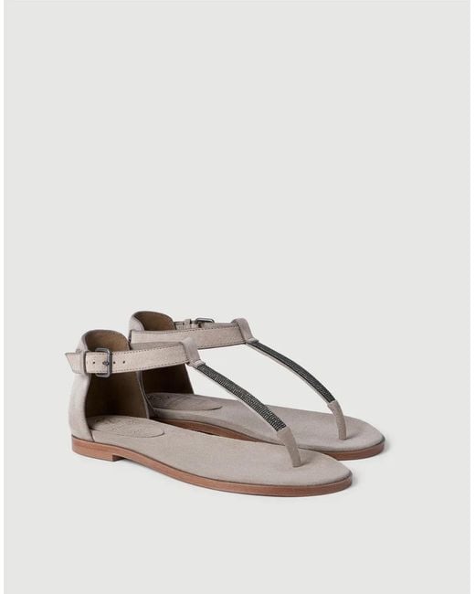 Brunello Cucinelli Brown Embellished T-Strap Flat Sandals