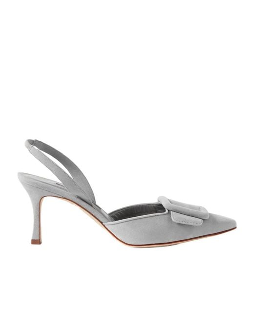 Manolo Blahnik White Buckled Suede Slingback Pumps