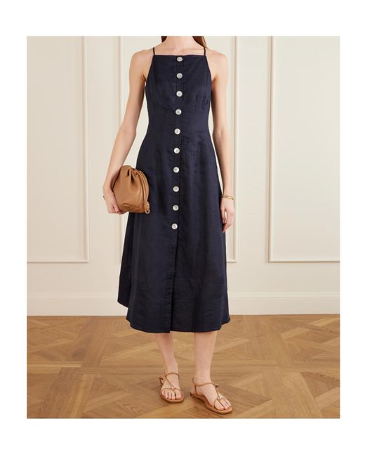 Veronica Beard Blue Button-Down Spaghetti-Strap Midi Dress