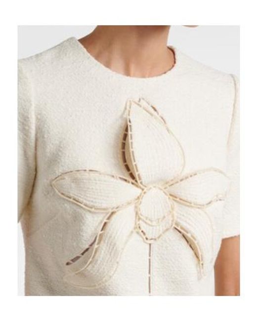 Oscar de la Renta White Orchid Embroidered Cotton Tweed Shift Dress