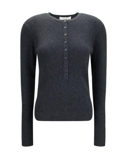Lisa Yang Blue Airi Ribbed Henley Knitted Sweater